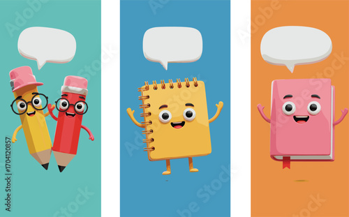 Cartoon school stationery with speech bubbles, cute pencils notebook book characters, education mascot design, back to school illustration set