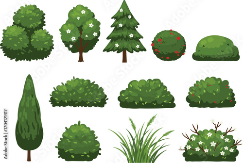 Cartoon bushes and shrubs illustration, green plants with flowers and leaves, garden landscape design elements, natural outdoor greenery vector