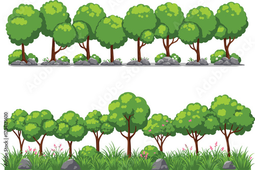 Cartoon forest trees with rocks and grass, nature background illustration, green woodland landscape design, natural outdoor scenery vector