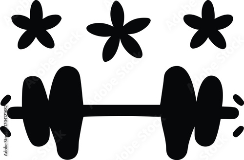 Black and white cartoon illustration of a dumbbell with three star shapes above it weight exercise