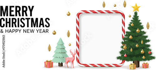 Christmas background with candy cane frame, decorated Christmas tree, reindeer, gift boxes, golden ornaments, holiday greeting card, New Year