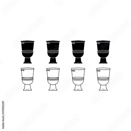 Eight Toilet Icons Black and White Silhouettes on White Background restroom bathroom
