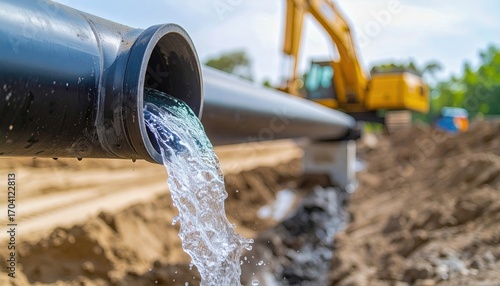 Close-up of water pouring from a large black pipe onto muddy construction site soil.