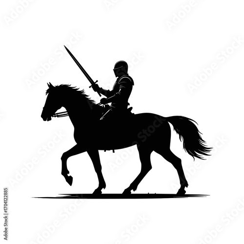 Black silhouette of a knight on horseback holding a sword, dramatic flat vector design, isolated on white background.