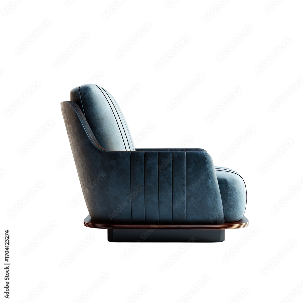 Obraz premium Side profile of a modern upholstered armchair. Dark teal blue fabric with distinct quilted/tufted panels. Rounded, sculpted armrests and back. Light brown wooden base. High-quality render