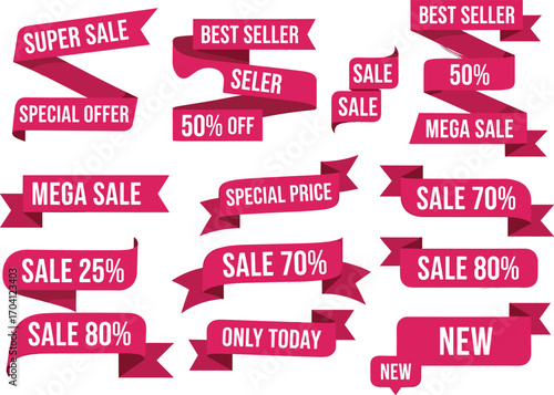Pink sale ribbons set with discount banners, best seller labels, special offer tags, mega sale signs, marketing promotion graphics