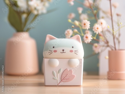 A cute ceramic cat-themed container with a pink leaf design, set on a wooden surface with floral arrangements in the background.