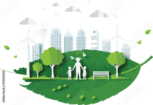 Eco city illustration, family in green park, renewable energy lifestyle, urban greenery, wind turbines, sustainable living, clean environment design