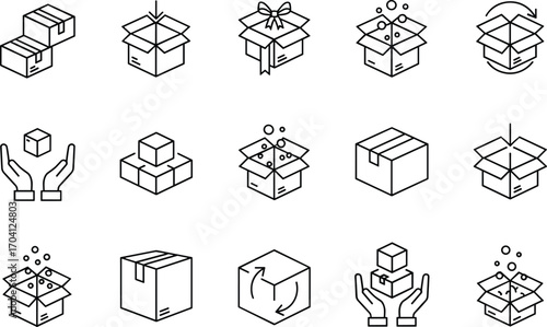 Package and shipping icons set, delivery and logistics symbols, open and closed boxes, gift packaging, e-commerce transport, line vector design