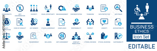 Business ethics icon set. Includes symbols for Compliance, fairness, integrity, equality, code of conduct, honesty, anti corruption, transparency. Solid icons for corporate reports, training, and ESG