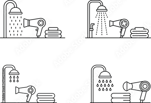 Shower and Hairdryer Icon Set Bathroom Essentials