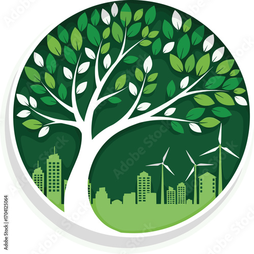 Eco city with tree and wind turbines, green urban energy concept, renewable power, sustainable future, environmental conservation, eco friendly design