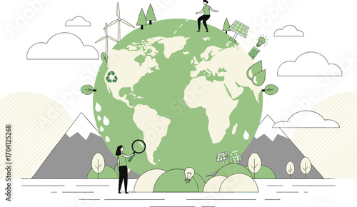 Eco friendly world illustration with renewable energy, wind turbines, solar panels, recycling, green technology, sustainability, save our planet concept
