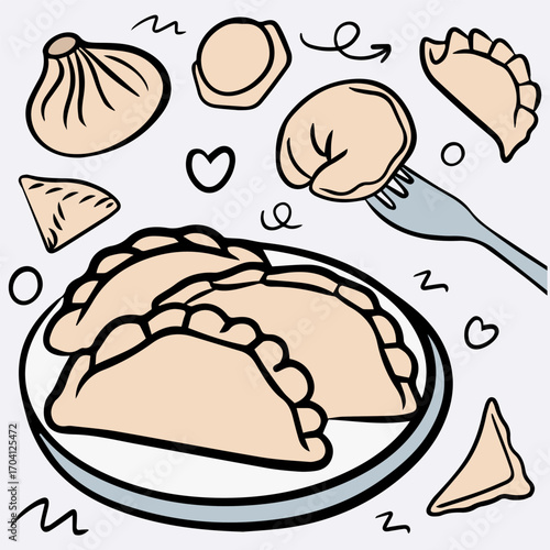 Dumplings doodle set, hand drawn illustration 