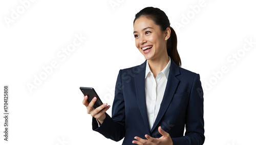 Smiling Businesswoman Using Smartphone in Professional Attire