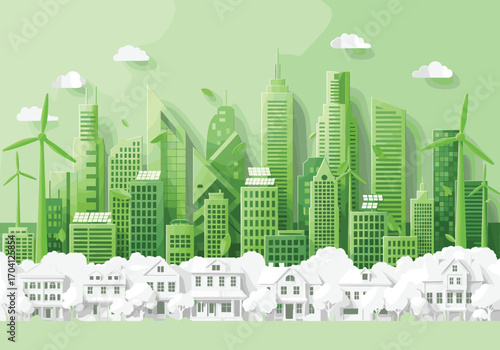 Eco friendly green city skyline with skyscrapers, wind turbines, solar panels, sustainable urban design, renewable energy, clean environment illustration