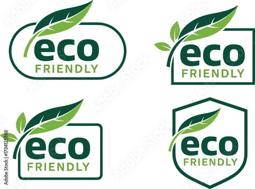 Eco friendly logo set with leaf design, sustainable green symbol, organic product label, eco badge, natural packaging, recyclable branding, environmental icon