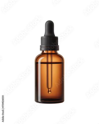 A small, amber-colored glass bottle with a black dropper cap is isolated against a white background.