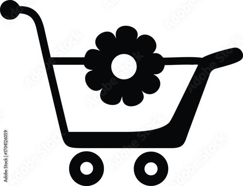 Black silhouette icon of a shopping cart with a flower inside trolley store