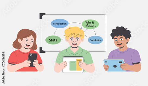 Team collaboration through digital devices discussing ideas on whiteboard screen interactive meeting isolated on white background