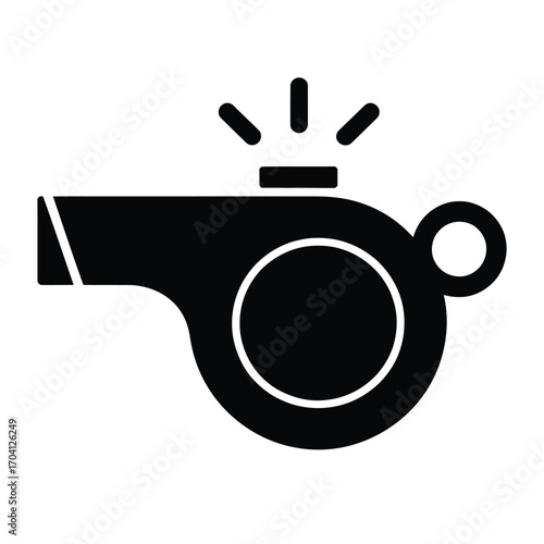 Minimalist black and white icon of a whistle with sound lines, circular mouthpiece, and geometric clean silhouette illustration