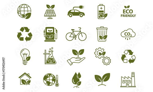 Eco friendly green icons set with renewable energy, recycling, sustainable living, electric car, solar power, environment protection, nature conservation