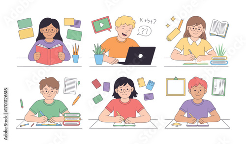 Diverse children learning and creating with digital tools and art supplies in a creative environment isolated on white background