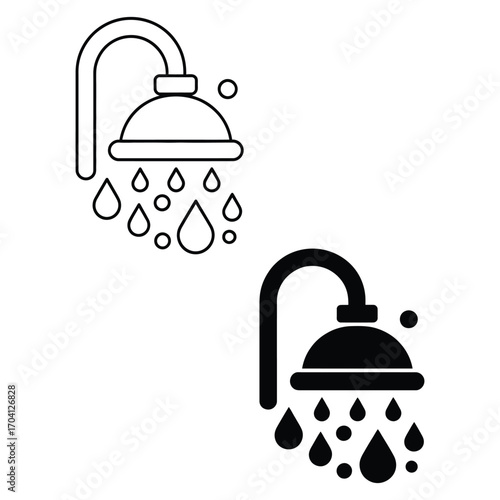 Minimalist black and white line art illustration of two shower heads with water droplets, shown in outline and solid versions