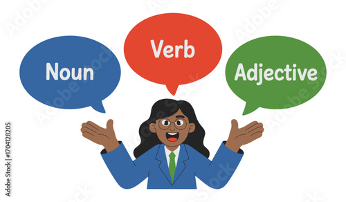 Person illustrating noun verb adjective concepts with speech bubbles isolated on white background