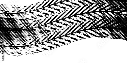 Grunge tire track, wheel braking marks. Truck, car or motorcycle tread pattern silhouette. Auto race, motorsport, speed racing design element. Vector illustration