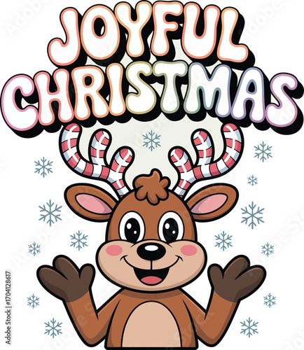 Joyful Christmas reindeer with candy cane antlers and snowflakes vector