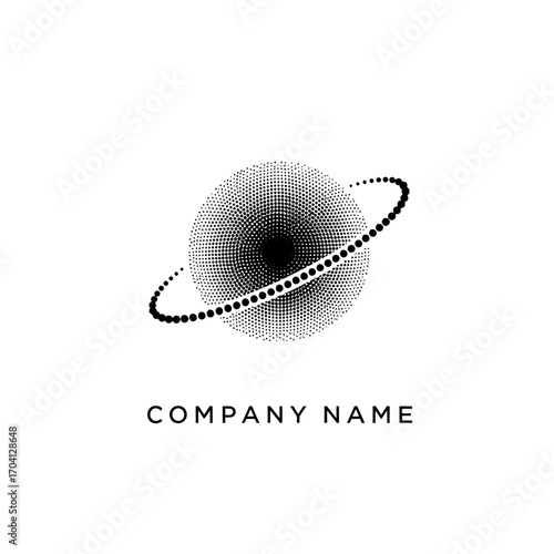 Abstract halftone sphere with orbit ring logo.