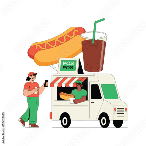 Food truck serves hot dogs and drinks with staff and customer interaction isolated on white background