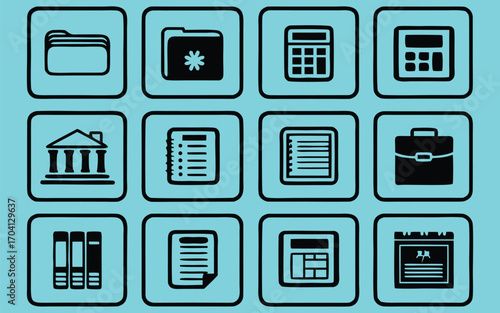 Essential Business Icon Set Folders, Documents, Calculator, Bank, and More
