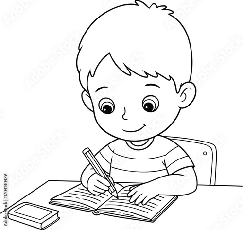 A young boy writing in his notebook while seated at a desk in monochrome