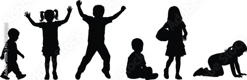 Vector silhouette of children in different activities, kids playing, jumping, walking, sitting, crawling, childhood fun, family love, growth, happiness, innocence