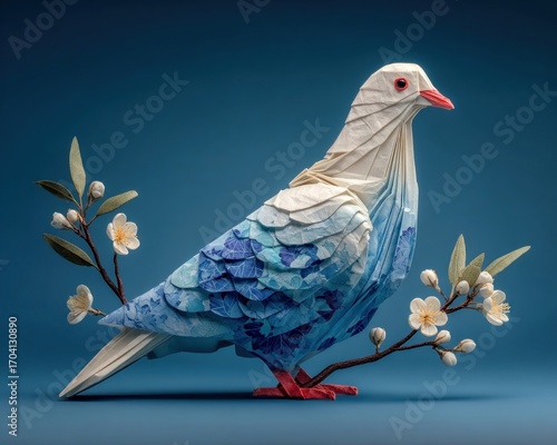 Light blue background with origami dove and olive branch, International Day of Peace card concept