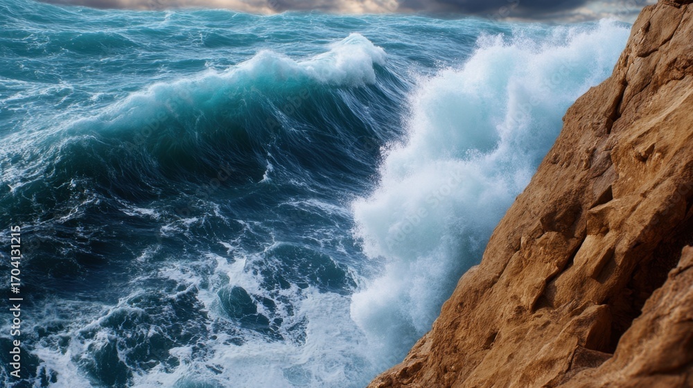 Fototapeta premium Ocean waves pounding cliff base, seen from dizzying height above