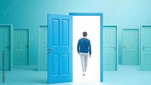 Man stepping through an open blue door into a bright, unknown future, symbolizing new opportunities, choices, and a fresh start among many closed d...