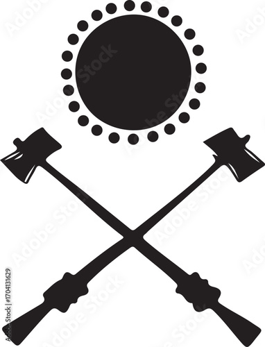 Crossed hammers beneath a dotted circle symbol