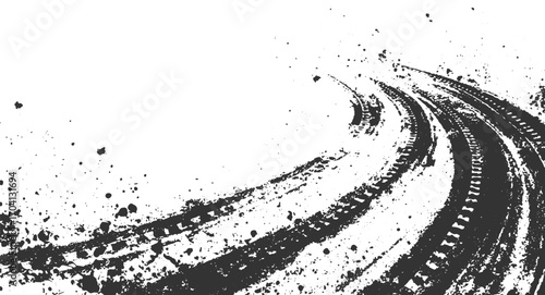 Grunge Tire Track Vector Texture | Muddy Skid Mark Overlay with Dirt Splatter Effect Grunge Brush Stroke Vector Texture | Black and White Paint on Transparent Background