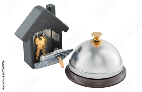 House key lockbox and service bell. Hotel check-in concept. 3D rendering