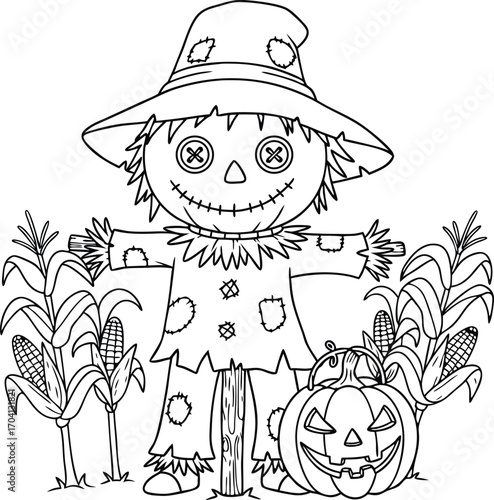 Black and white illustration of a friendly scarecrow in a field with pumpkin and corn