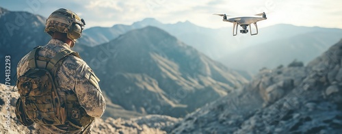 A soldier monitors a drone flying over rugged mountains to gather vital information