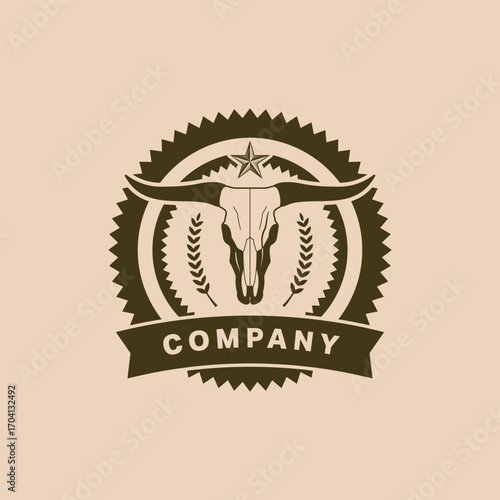 Western Cowboy Logo Template with Bull Skull and Star Badge