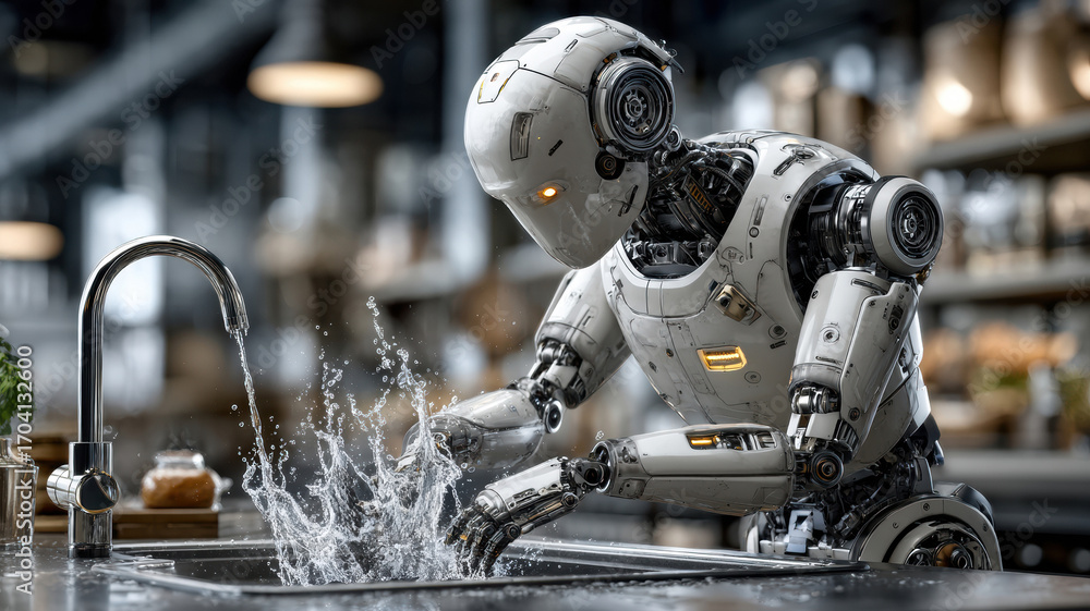 Fototapeta premium Futuristic AI robot cleaning dishes in modern kitchen with advanced technology and artificial intelligence features, android and washing