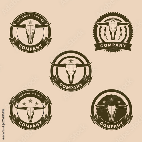 Western Cowboy Logo Template with Bull Skull and Star Badge