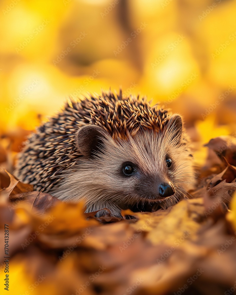 Fototapeta premium A hedgehog rests quietly on a bed of vibrant autumn leaves, basking in warm sunlight