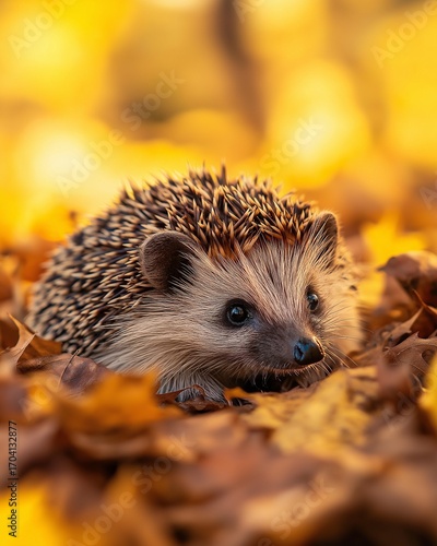 A hedgehog rests quietly on a bed of vibrant autumn leaves, basking in warm sunlight