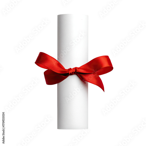 Rolled white diploma with a red ribbon